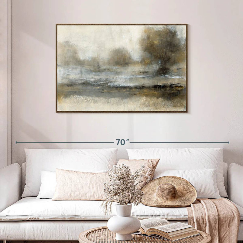 Paysage doré I, Cadre flottant en noyer, 43 po x 29 po