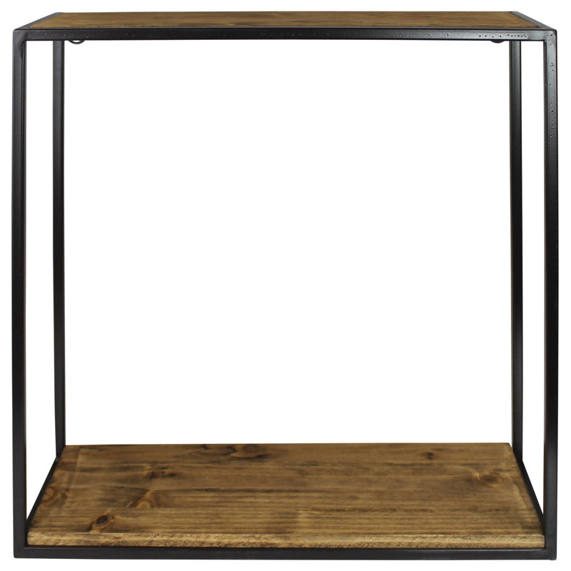 Tablette carrée en bois et métal, H 14 po x l 14 po x P 4,5 po