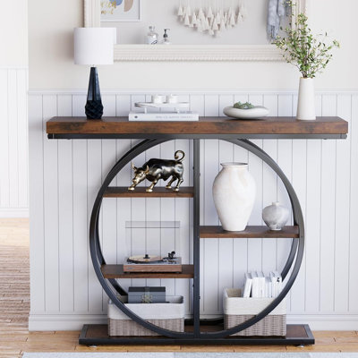 Console de 41,3 po pour le hall d'entrée, table de canapé de couloir industrielle avec tablettes de rangement, mobilier de salon à décor étroit avec base circulaire pour vestibule, entrée, brun rustique