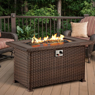 24.8" H x 44" W Propane Fire Pit Table with Lid & Glass Rocks, Outdoor Gas Fire Pit Table