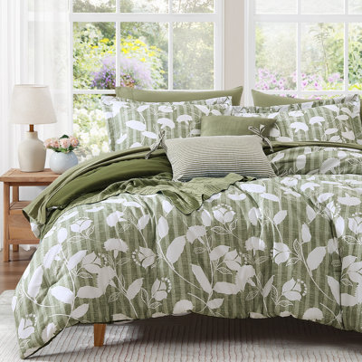 Comforter Set -7 Pieces Botanical Olive Green Comforter for All Seasons, Bed in a Bag with Flowers Floral Comforter, Sheets, Pillowcases & Shams