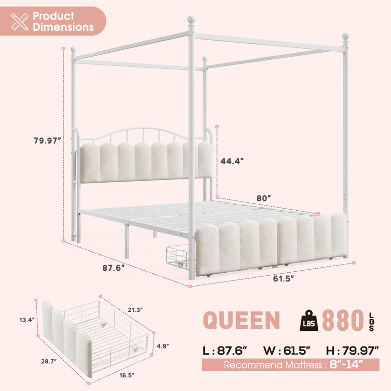 Lit à baldaquin princesse avec cadre en métal, tête de lit tapissier en velours avec lumières DEL, station de charge et tiroirs de rangement sous le lit