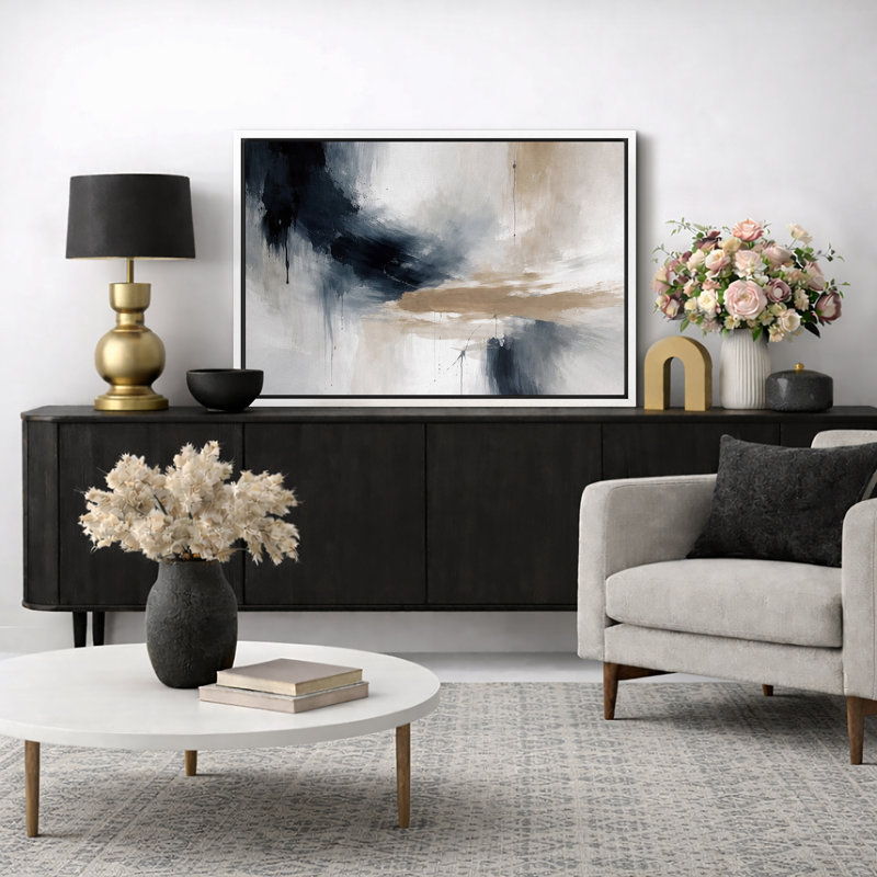 Abstrait bleu beige fluide, œuvre d'art moderne, images de salon moderne, impression sur toile encadrée, Cadre blanc