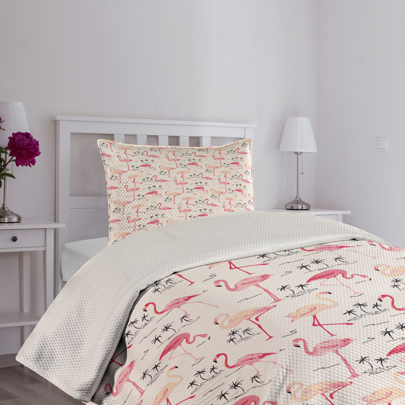 White Twin Flamingo Print Microfiber Bedspread Set