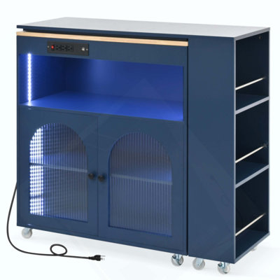 Rolling Kitchen Island With Extended Table, Kitchen Island On Wheels With LED Lights,Power Outlets And 2 Fluted Glass Doors, Kitchen Island With A Storage Compartment And Side 3 Open Shelves, Navy
