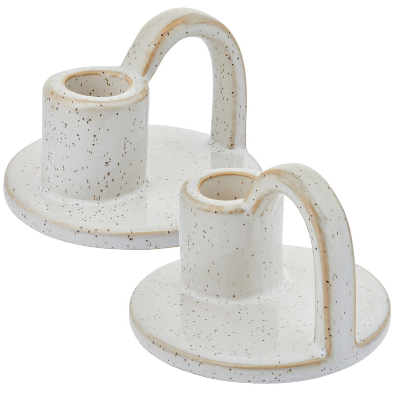 Elise Petite Ceramic Taper Candle Holder Set of 2, Decorative Tabletop Candleholders, White, White