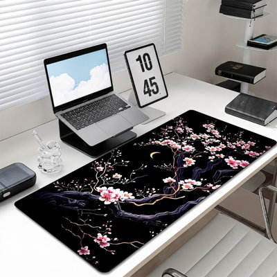  Tapis de souris en caoutchouc, surface en microfibre lisse, base antidérapante, tapis de souris décoratif à bords arrondis pour le bureau et les jeux, 16 po x 36 po, motif en forme de croissant noir Sakura