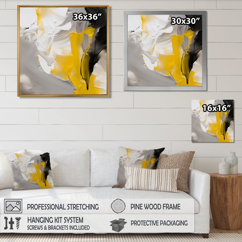 Fragments de sentiment jaune et gris I - art mural abstrait, salon, Toile tendue, H 16 po x l 16 po x P 1 po