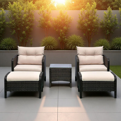 5 Pieces Rattan Wicker Lounge Chair Outdoor Patio Conversation Set with 2 Cushioned Chairs, 2 Ottomans and Tempered Glass Top,Sturdy Structure