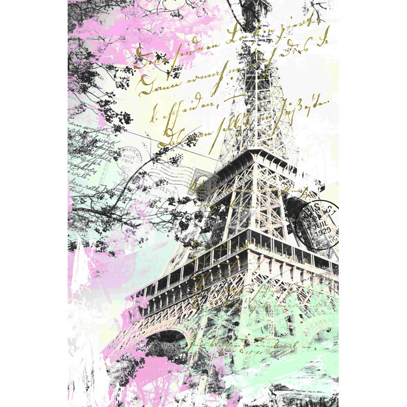 «Paris Collage» rose et bleu rétro - peinture sur toile tendue, H 18 po x l 12 po