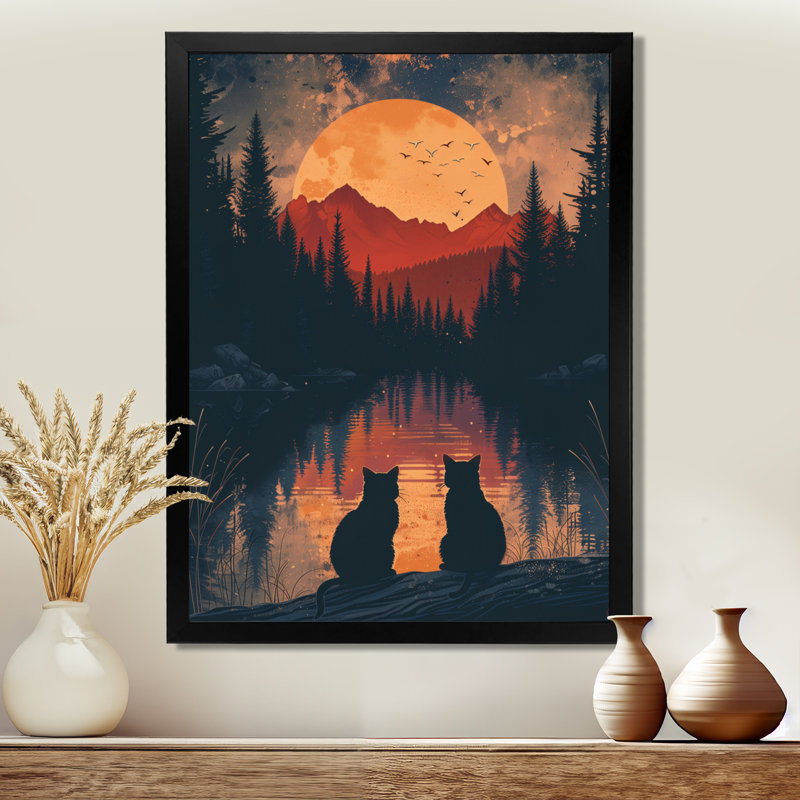 Chat jaune jaune et noir au coucher du soleil, lac coucher de soleil II - décor mural coucher de soleil, Cadre simple noir