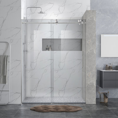 Porte de douche coulissante simple sans cadre JS 60'' - L x 76'' H, avec verre de 8 mm (5/16 po) protégé par un film anti-explosion et un revêtement nano facile à nettoyer. Quincaillerie en acier inoxydable 304. HYS6076CP