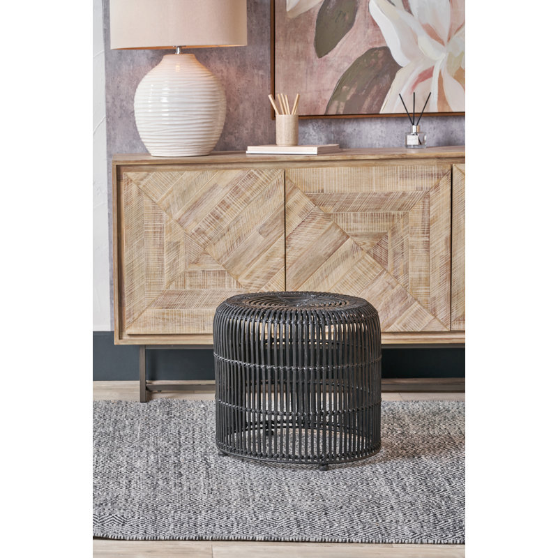 Rattan Core Metal Accent Stool, Black