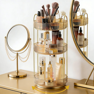3-Tier 360° Rotating Makeup Organizer - Large Capacity Skincare & Cosmetics Lazy Susan, Premium ABS &  Steel, Raised Guardrail Design