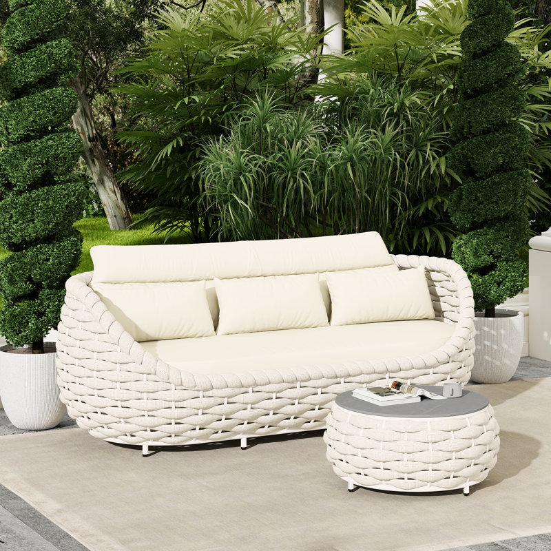 Ensemble de 2 pièces de canapé d'extérieur en aluminium thermolaqué avec table basse, Blanc, crème, Crème, Corde d'oléfine