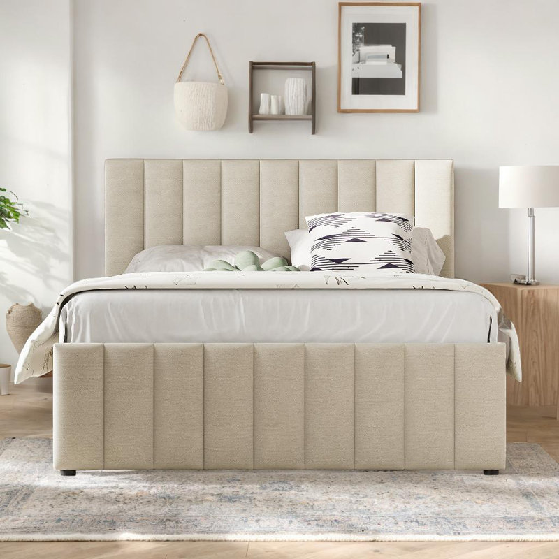 Lit plateforme tapissier charmant avec lit gigogne et 3 tiroirs, Lit double, Beige