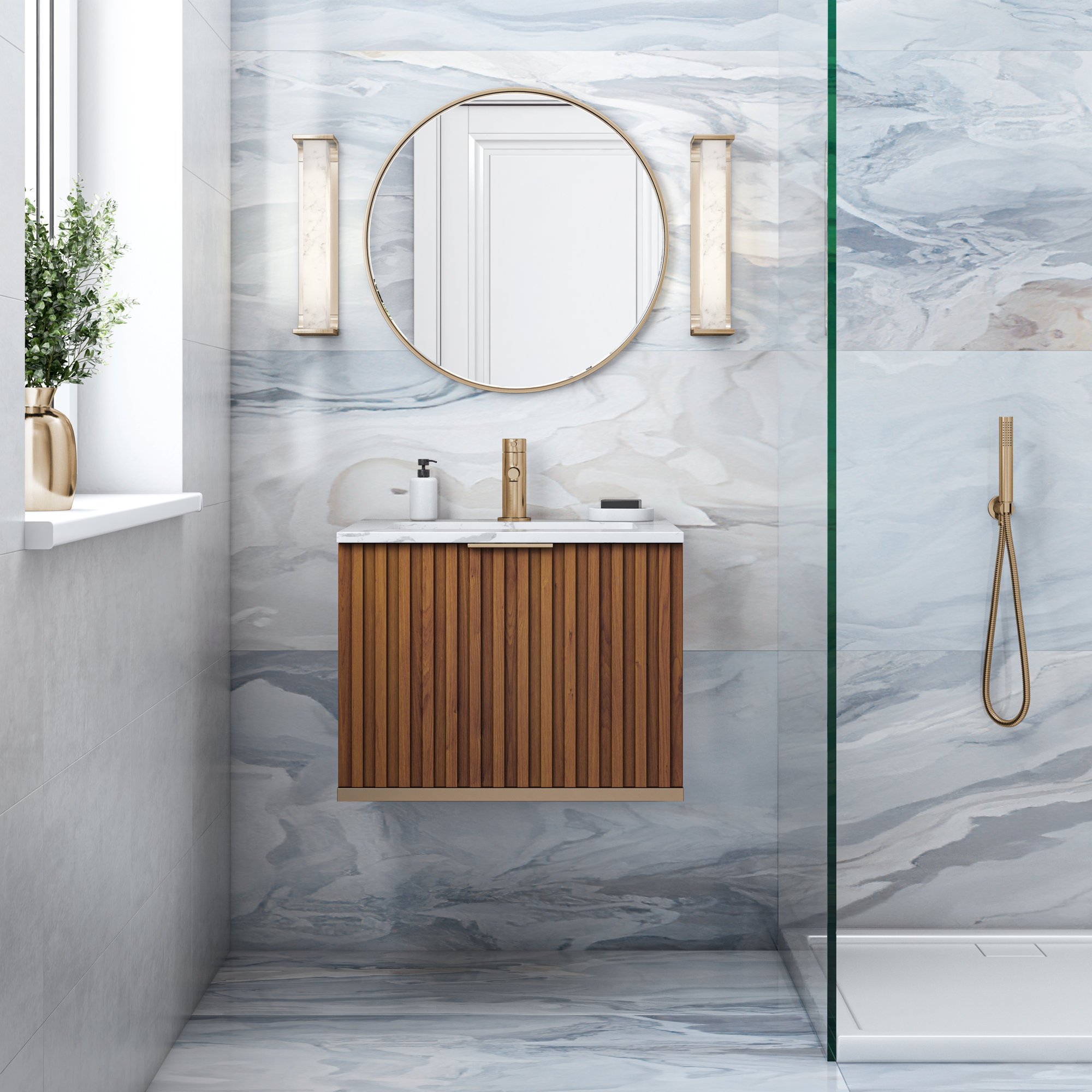 Terra 24'' Single Bathroom Vanity, Carrara Marble/Single Faucet Mount, Satin Brass