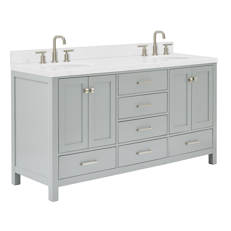 Cambridge 66.25'' Double Bathroom Vanity with Carrara Quartz Top, Gray / Brushed Nickel