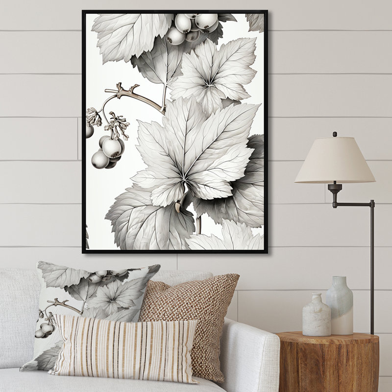 Feuille de tilleul gris - art mural arbre, Cadre flottant noir, H 32 po x l 24 po x P 1 po
