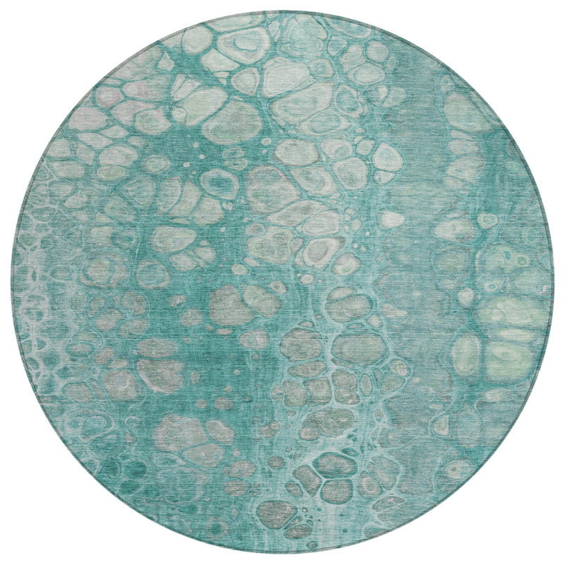 Machine Washable Indoor/Outdoor Xhevrie Aqua Rug, Round 8'