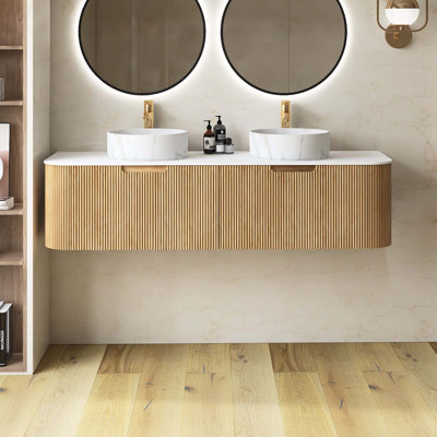 Meuble-lavabo de salle de bain à rebords incurvés pré-assemblés avec lavabo et tiroir en céramique, sans robinet, couleur grain de bois naturel