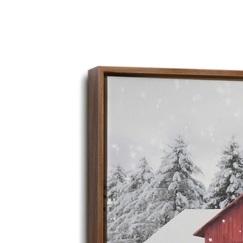 «Red Christmas Barn and Wagon» par Lori Deiter, reproduction d'art, L 48 x H 36, Brun, Toile avec cadre