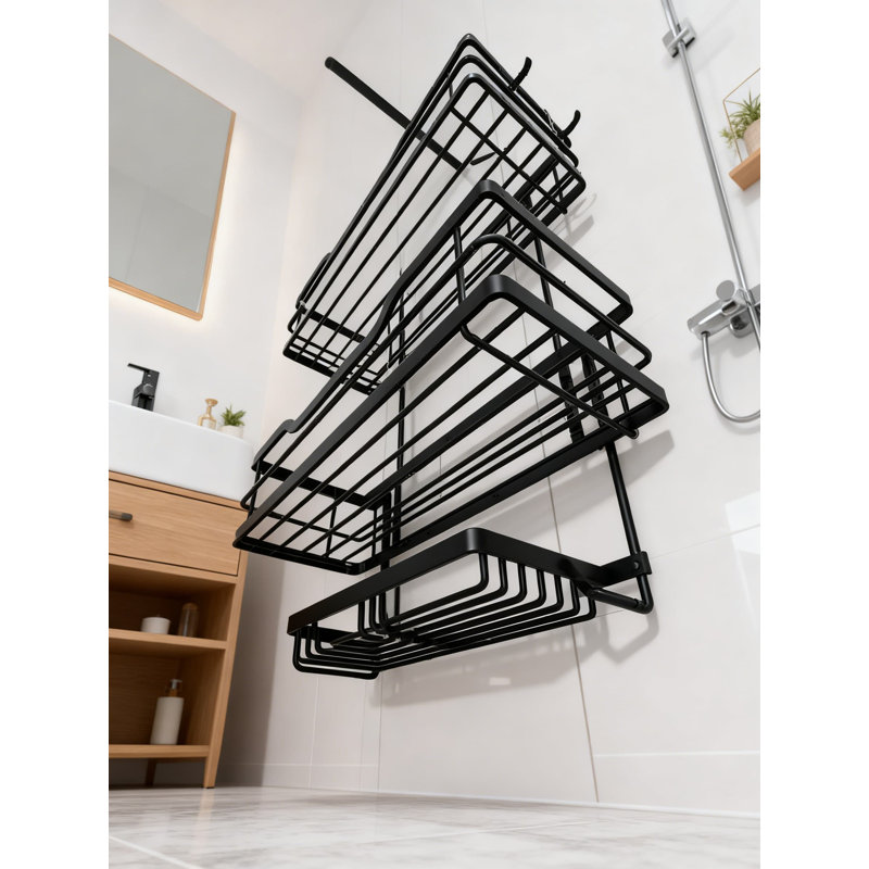 Organisateur de panier de douche sans perceuse avec paniers de rangement à 3 niveaux, 4 crochets mobiles, fabrication en acier inoxydable antirouille pour la salle de bain