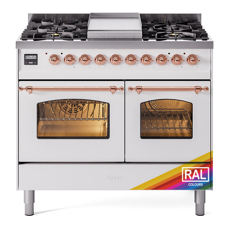 ILVE Nostalgie II Series 40 inch Dual Fuel Range with 6 Sealed Burners, Griddle (Glass Door), Liquid Propane, RAL/Copper