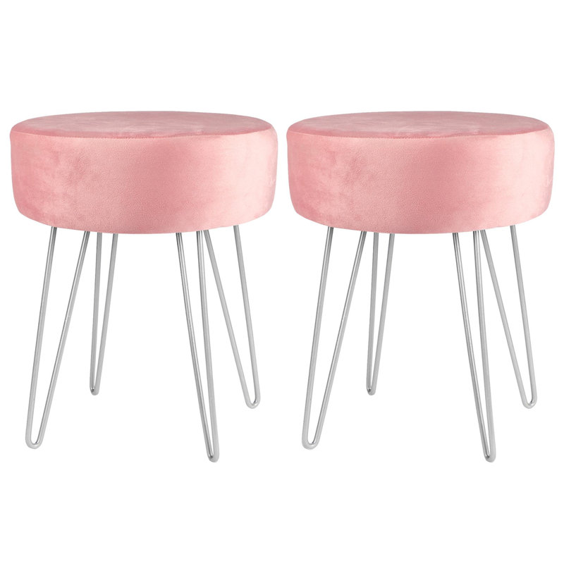 Harbour Housewares Round Velvet Footstools, Silver, Pink