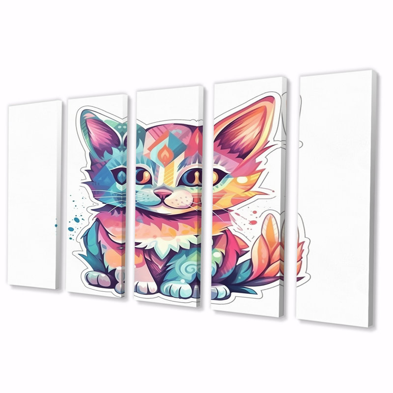 Illustration de chat chaton rose mignon II - animaux, décoration murale chat - 5 panneaux égaux