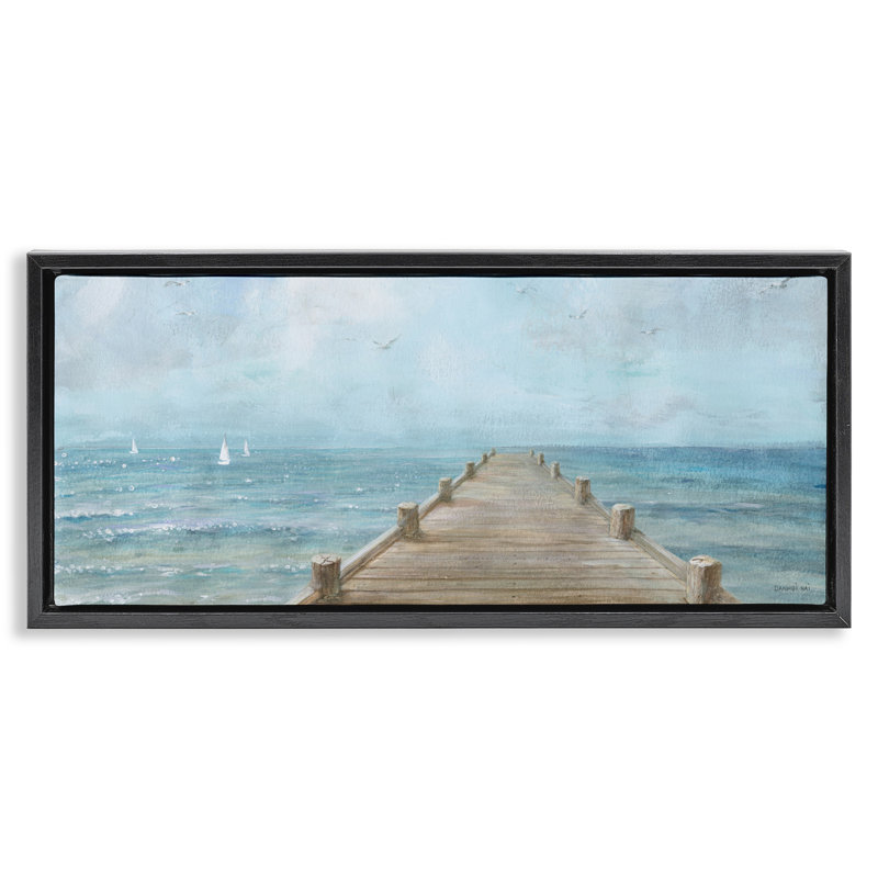 Vue sur l'océan, bord de mer et jetée, H 11 po x l 25 po, Cadre flottant noir de jais