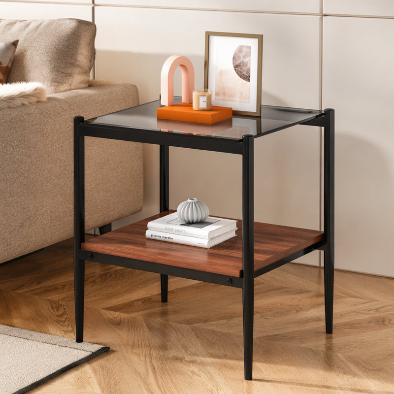 Table de bout rectangulaire polyvalente avec plateau en verre trempé et fabrication en panneau de fibres à densité moyenne durable pour le salon