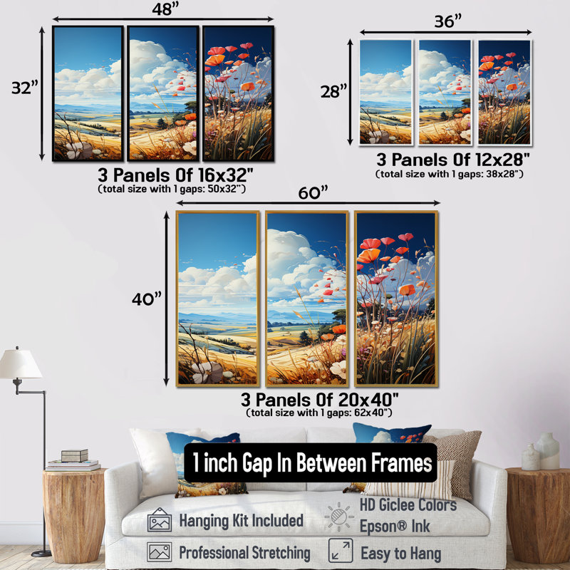 Blooming Poppies In The Meadow - Ensemble d'art mural prairie, Cadre flottant noir, H 40 po x l 60 po x P 1 po