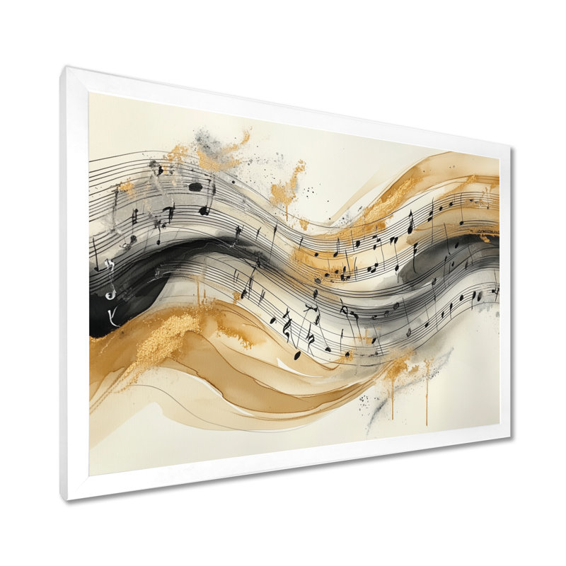 Notes beiges sur une portée fluide I - Tableau musical encadré, H 16 po x l 32 po, White Picture Framed