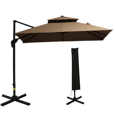 Parasol de patio décalé de 10 pi avec base, rotation à 360 °, construction à double plateau, 8 baleines, inclinaison facile, manivelle, rotation extérieure du café, double plateau,