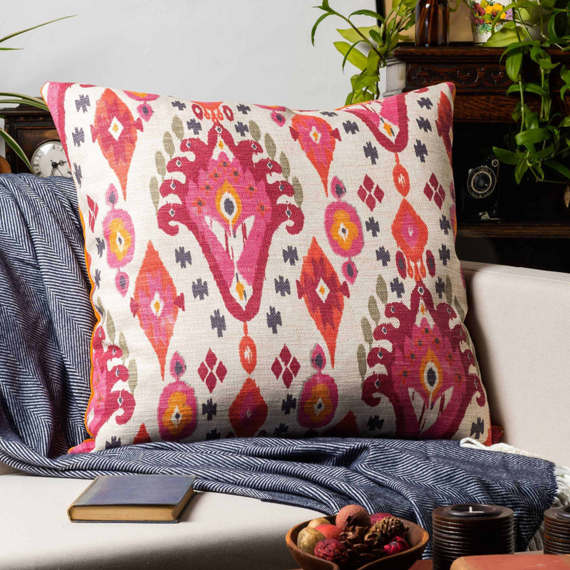 Heavyweight Linen-blend IkatCushion in Pink and Orange, 58x58cm, Feather filled