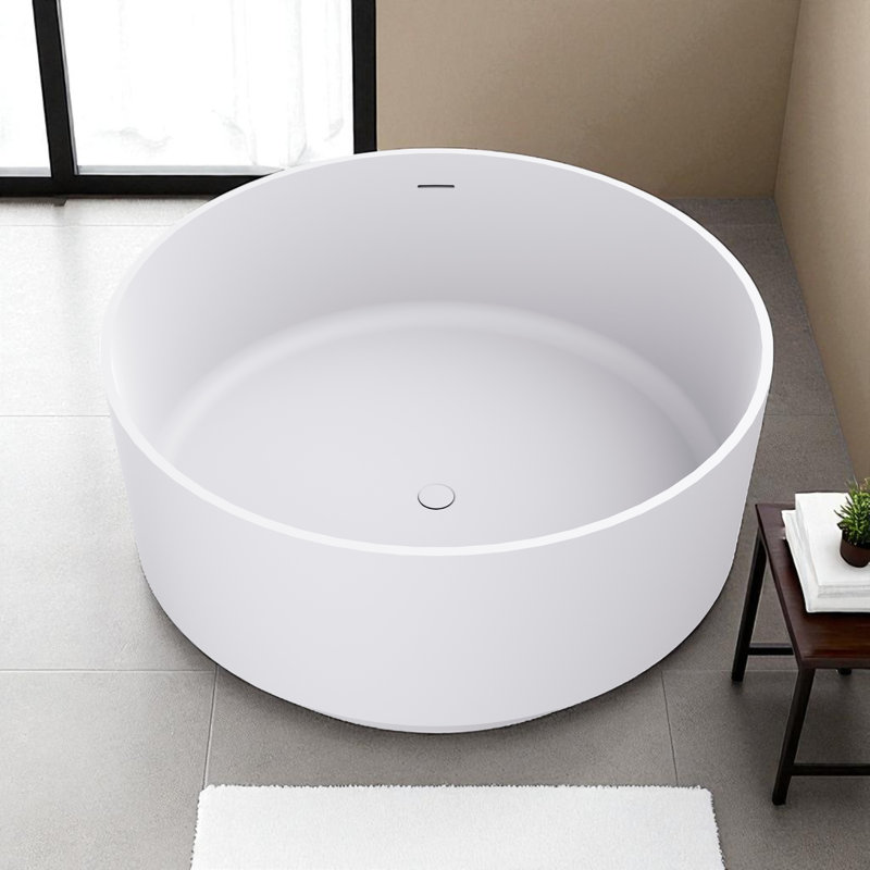 Baignoire de trempage autoportante ronde 49 po en résine solide avec trop-plein et bonde escamotable blanc mat 49 po