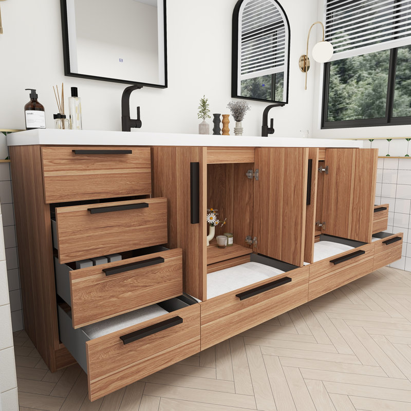 Carla Freestanding Bathroom Vanity with Double Sink, White Oak, 83"