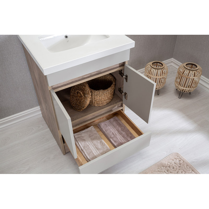 Lajoyce 600mm Single Bathroom Vanity with Drop In Porcelain Basin, Oak
