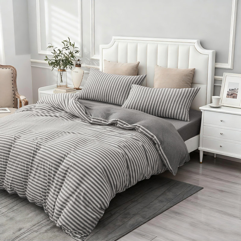 Jersey Knit Cotton Duvet Cover Set Gray Stripe Queen Size, Queen Duvet Cover + 2 Standard Shams, Gray Striped