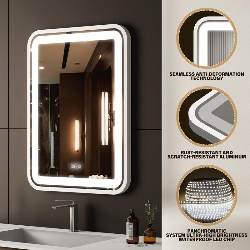 Bathroom Vanity Mirror With Light For Wall Smart LED 32×24 Frame Makeup Mirror For Over Sink Dimmable 3 Colors Temperature Anti-Fog Memory Function Vertical & Horizontal