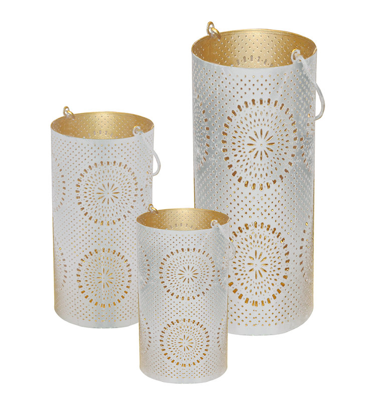 Ensemble de 3 lanternes piliers décoratives à découpes 12,5 po, Blanc vieilli / doré