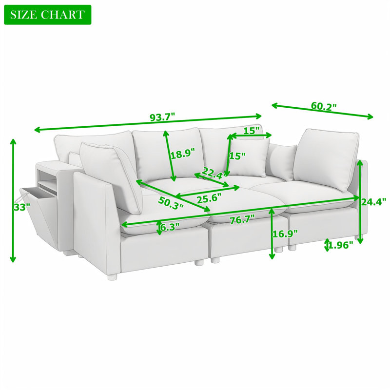 Canapé modulaire avec repose-pieds mobile, accoudoirs de rangement et ports USB, Gris