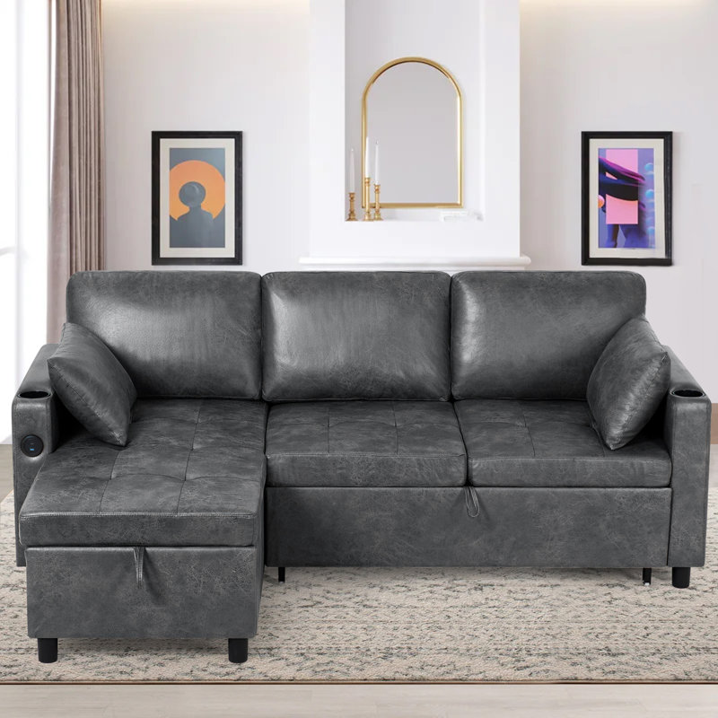 84" Reversible Sectional Pull-Out Sofa Bed With Adjustable Backrest,Suede Leather Modern L-Shape Sofa With Storage Chaise, 3-Seat Convertible Couch With Usb Charging Port For Living Room, Apartment, House