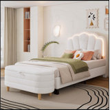 Twin Size Flower-Shaped Upholstered LED Platform Bed with Storage Ottoman, White Sherpa Fabric, Elegant and Functional