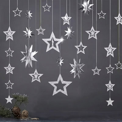 Metallic Silver 3D Star Hanging Paper Garlands Multi-shaped Twinkle Star Streamers Wedding Baby Shower Birthday Party Decorations