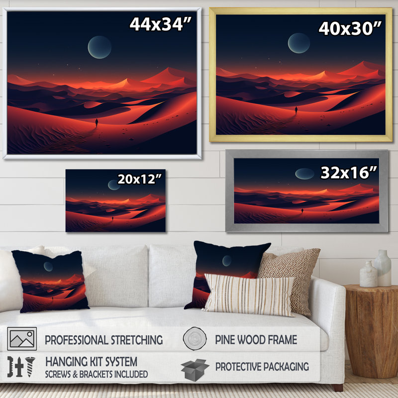 Alone in The Sahara Desert At Sunset I - Desert, art mural, Cadre doré à coins fermés, H 30 po x l 40 po x P 1,5 po
