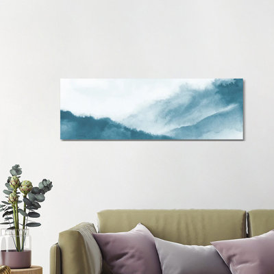Montagnes brumeuses à l'aquarelle bleu sarcelle - Giclée sur toile tendue avec châssis