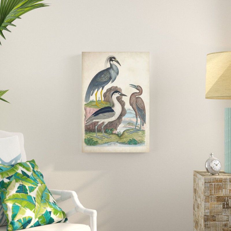 Héron antique et oiseaux d'eau I, H 30 po x l 20 po