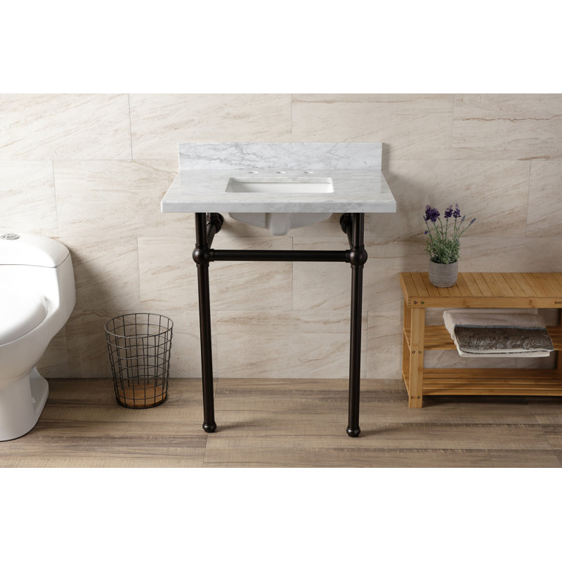 Kingston Brass Templeton 30-Inch Carrara Marble Console Sink with Brass Legs (8-Inch, 3-Hole), Marble White/Oil Rubbed Bronze